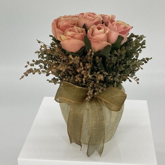 Pink Rose Arrangement Vase with Gold Ribbon Romantic Cottage Shabby Chic - Picture 1 of 9